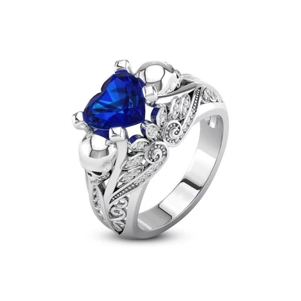 (Blue, 9) Fashion Skull Zircon Ring Women Sliver Engagement Wedding Ring Jewelry Gift