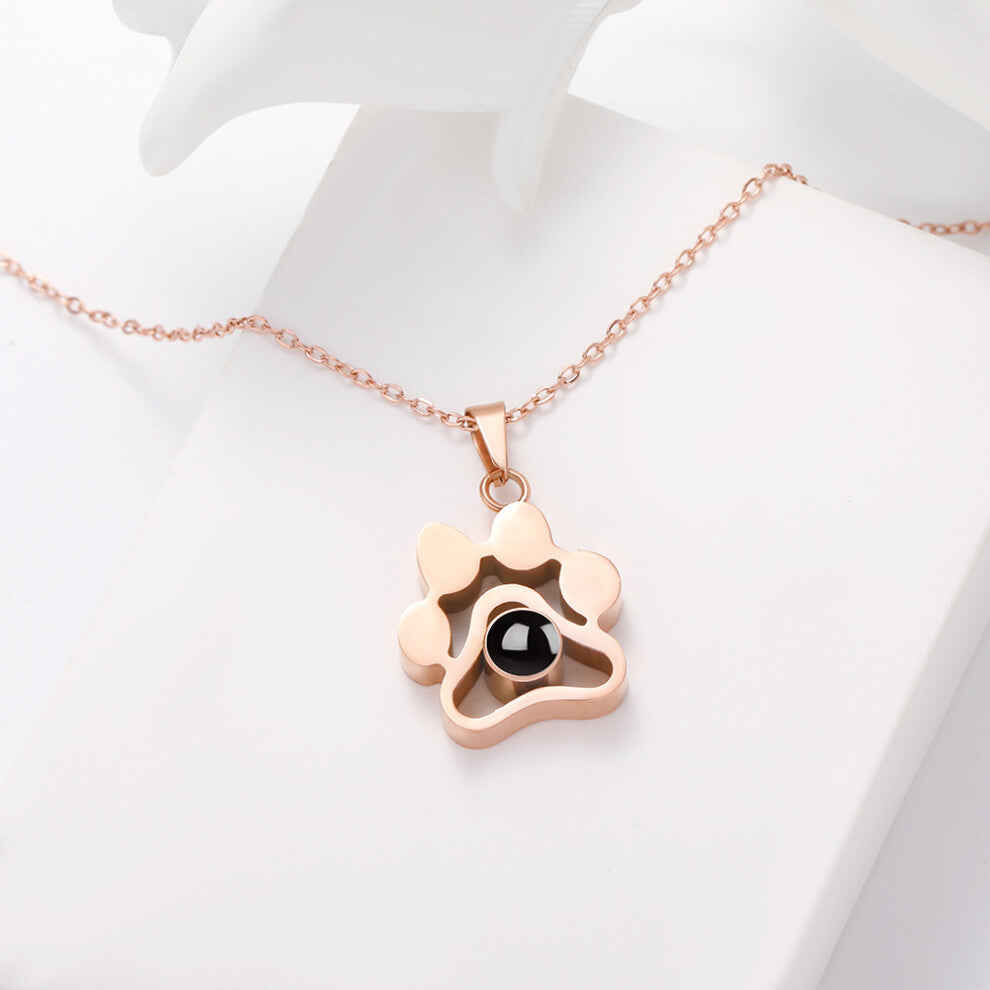 (Titanium steel plated with rose gold - pet) 100 languages "I Love You" necklace Dog palm print pendant Collarbone chain Super cute pet