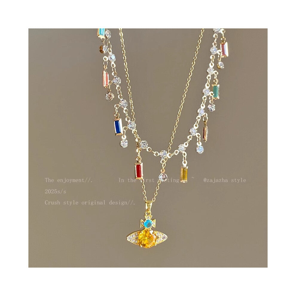 (A two-piece set of main images of colored zircon tassels) Summer fashion, light luxury, niche design sense, high-end colored tassel zircon collarbone