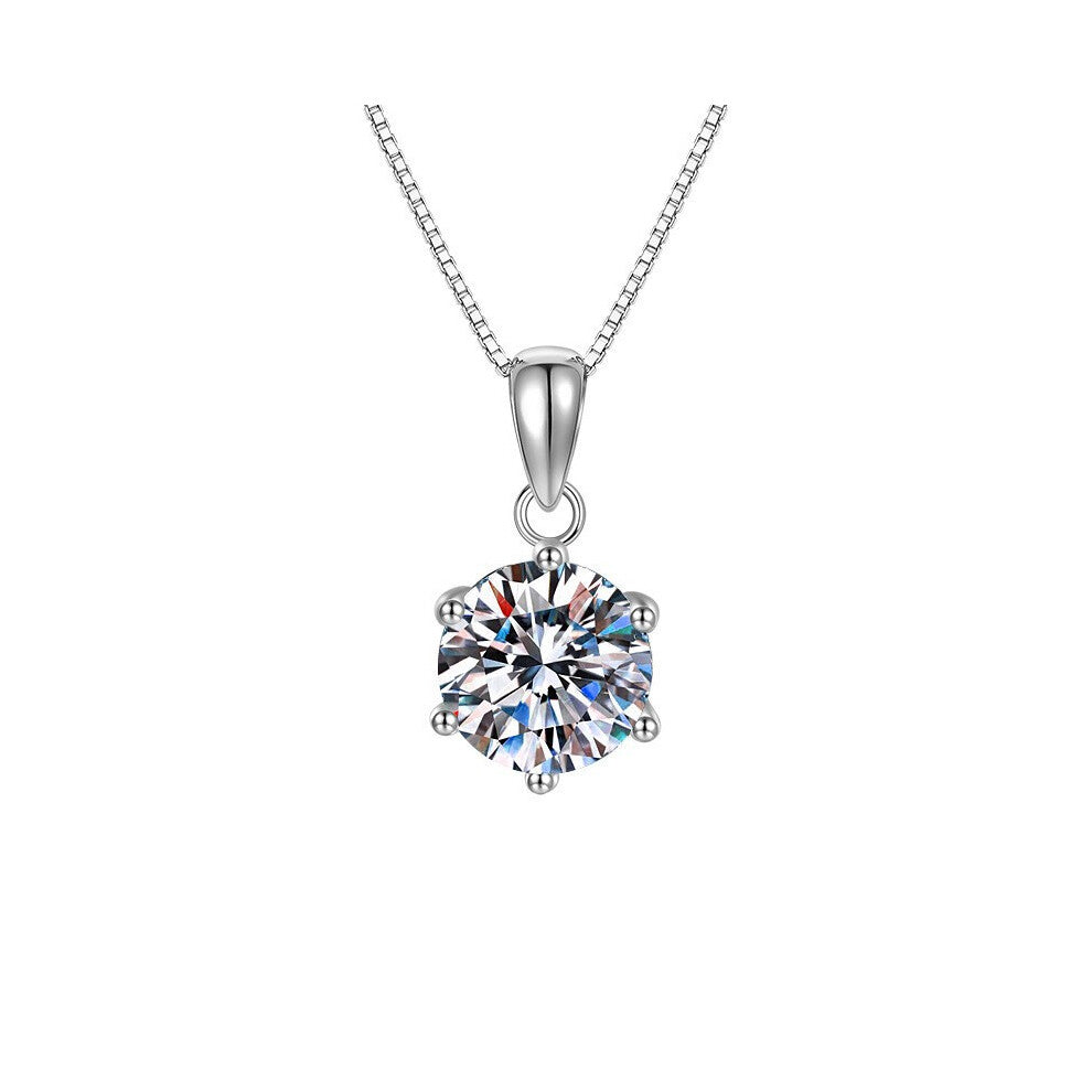 (Platinum box chain + pendant) Classic 2-carat zircon imitation moissanite six-prong necklace, light luxury cross-border collarbone chain pendant acce
