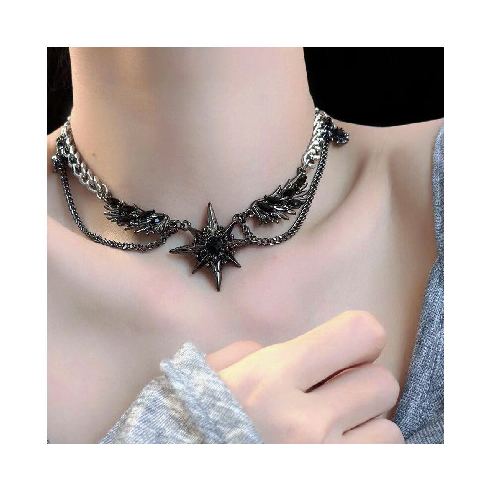 (Black Wing Starlight Collarbone chain 2025-145) Y2K Black Wing Starburst Necklace, punk subculture sweet and cool hot girl necklace, Gothic dark and