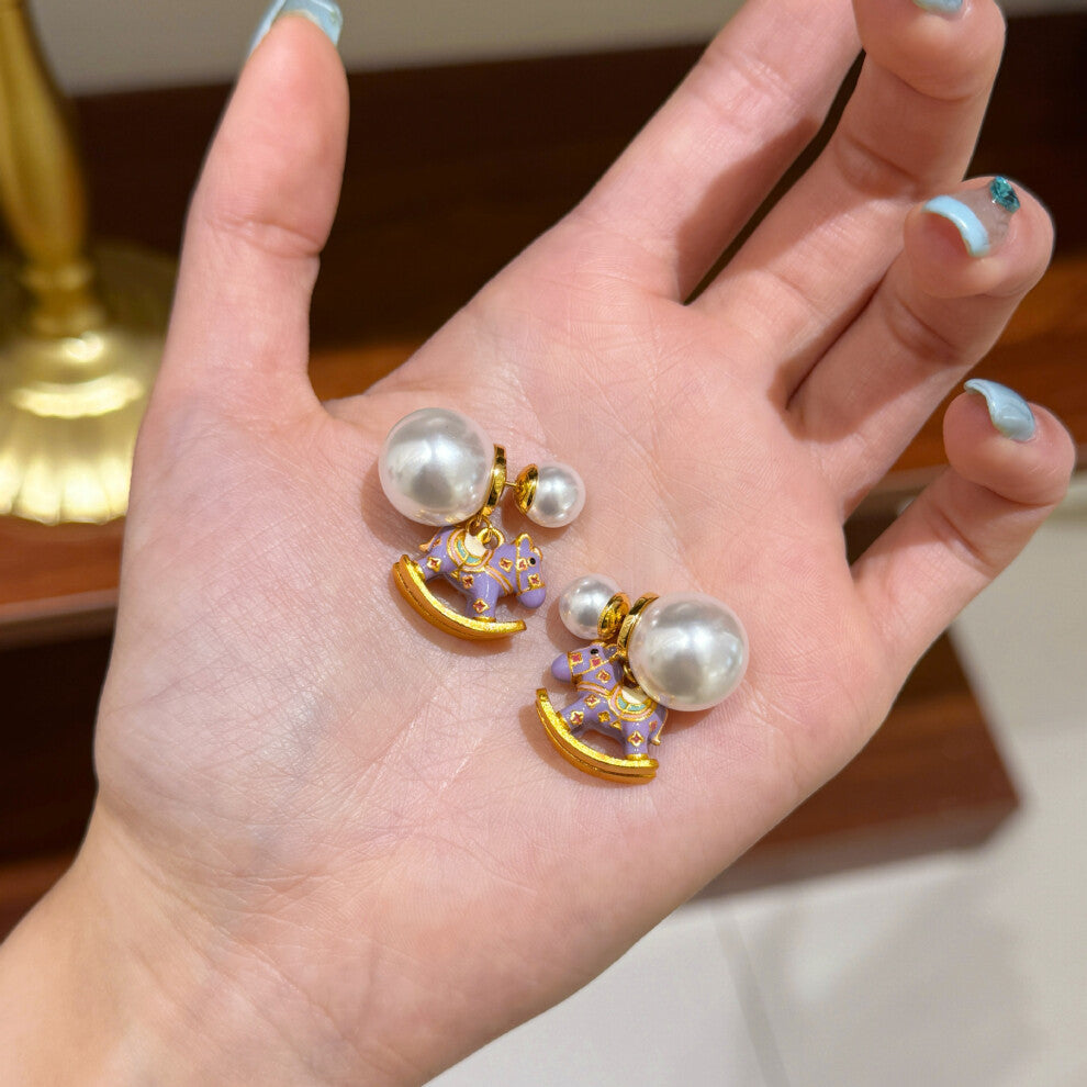 (Earrings) Purple oil-dripping wooden horse Shijia pearl necklace, light luxury, niche style, versatile collarbone chain