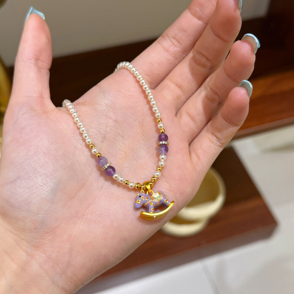 (Necklace) Purple oil-dripping wooden horse Shijia pearl necklace, light luxury, niche style, versatile collarbone chain