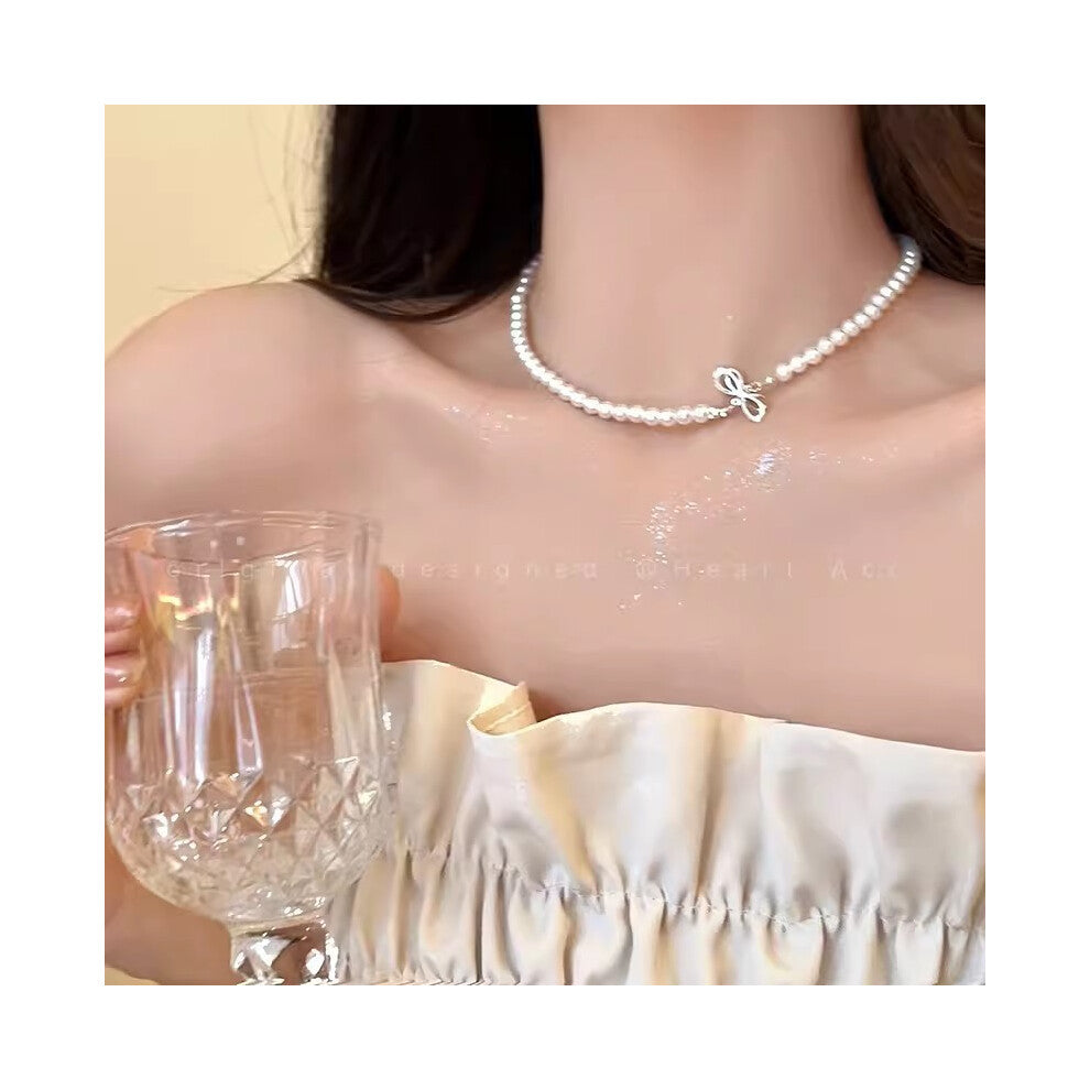 (X1356 silver) Versatile, elegant and high-end bow tie titanium steel collarbone chain and neck chain accessory