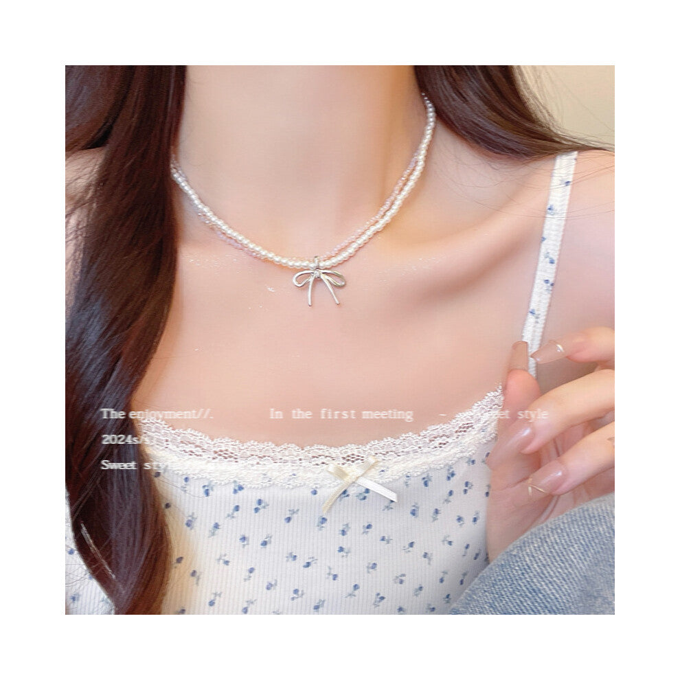 (X1453 silver) Versatile, elegant and high-end bow tie titanium steel collarbone chain and neck chain accessory