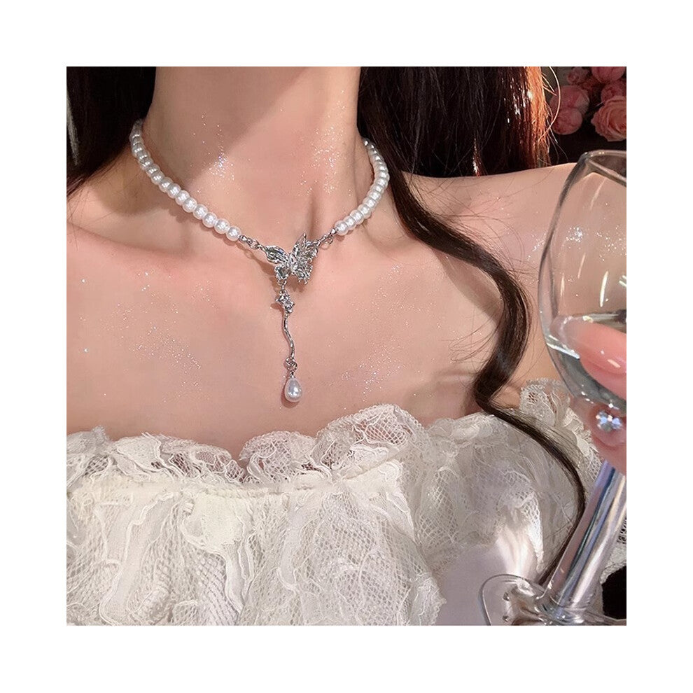 (X1541 silver) Versatile, elegant and high-end bow tie titanium steel collarbone chain and neck chain accessory