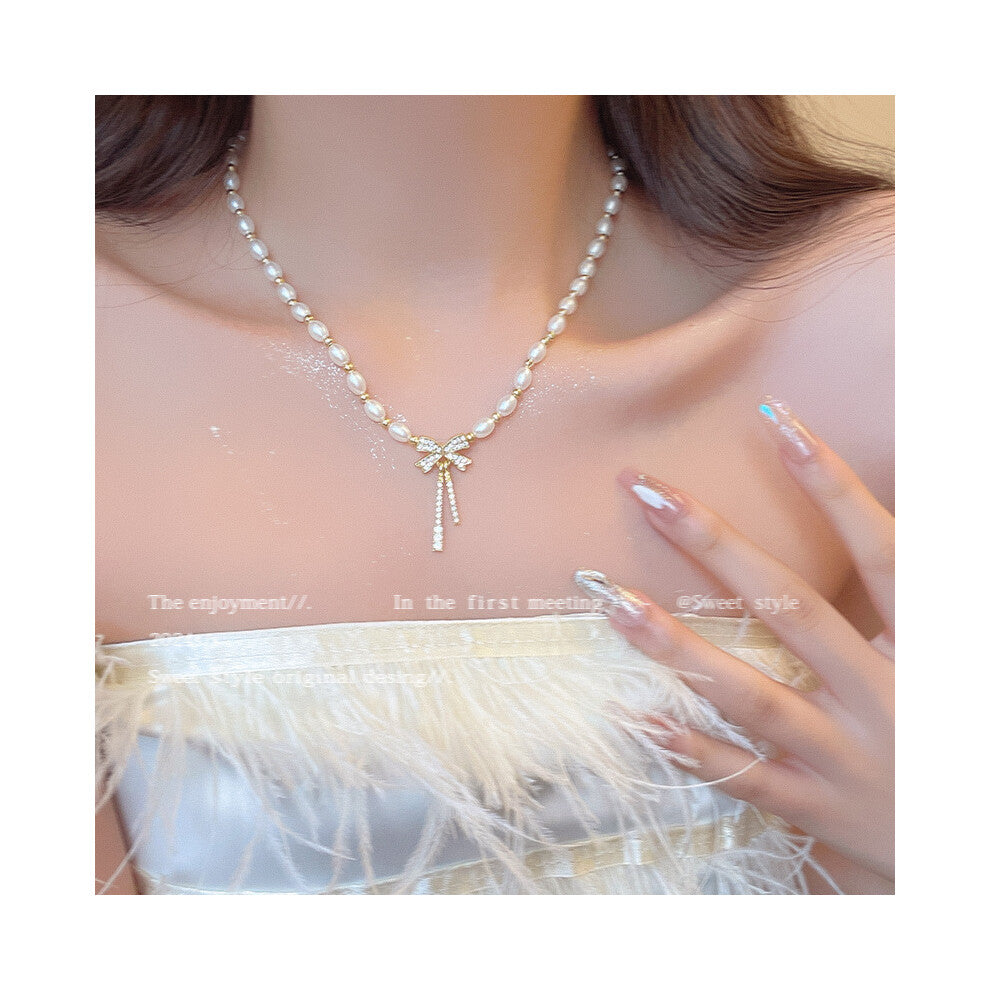 (X1554 gold) Versatile, elegant and high-end bow tie titanium steel collarbone chain and neck chain accessory