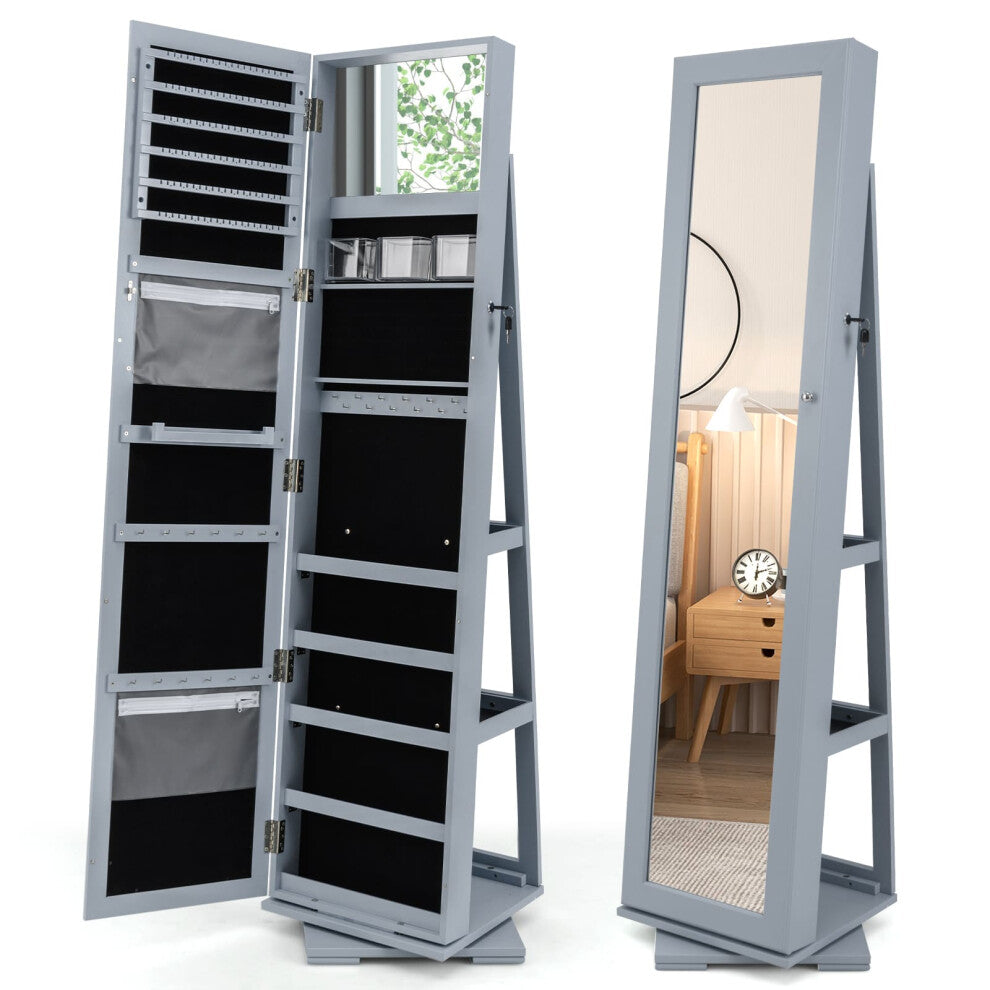 3-in-1 Jewelry Cabinet 360 Swivel Mirrored Jewelry Armoire-Grey