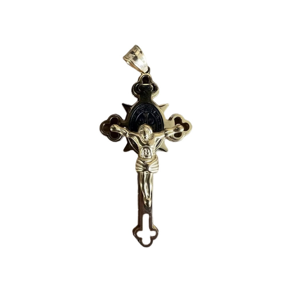 (Gold) Necklace Crucifix Saint Benedict Jesus Vintage Stainless Steel Cross Pendant