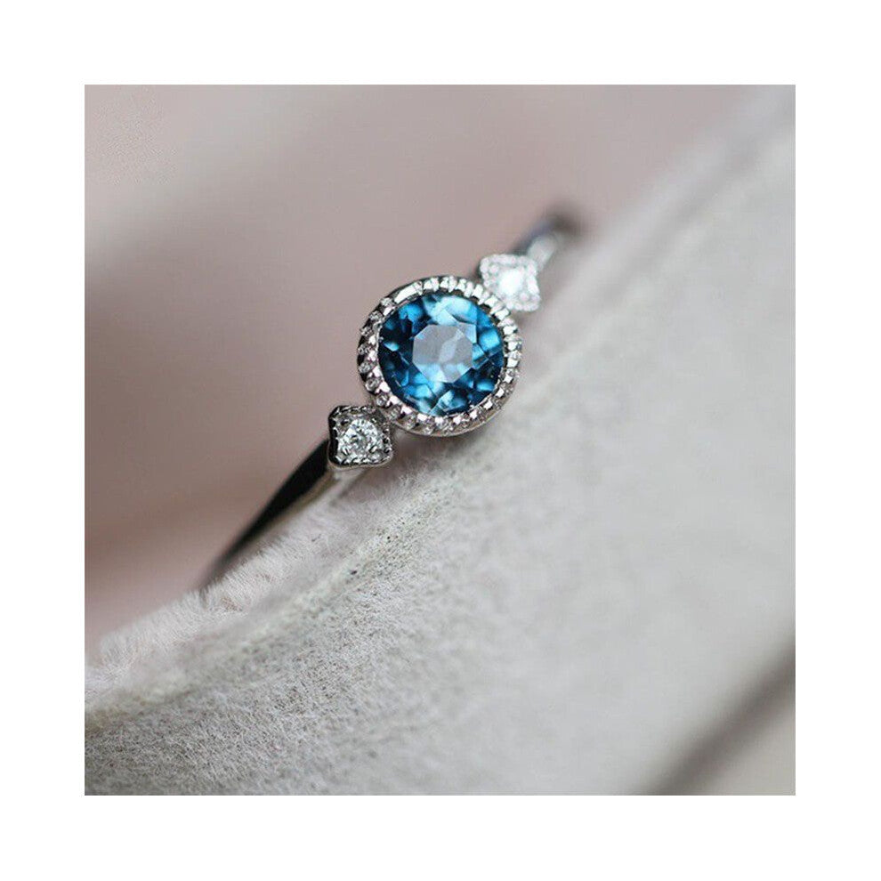 (6) Sea Blue Natural Topaz Rhinestone Engagement Wedding Plated Silver Ring