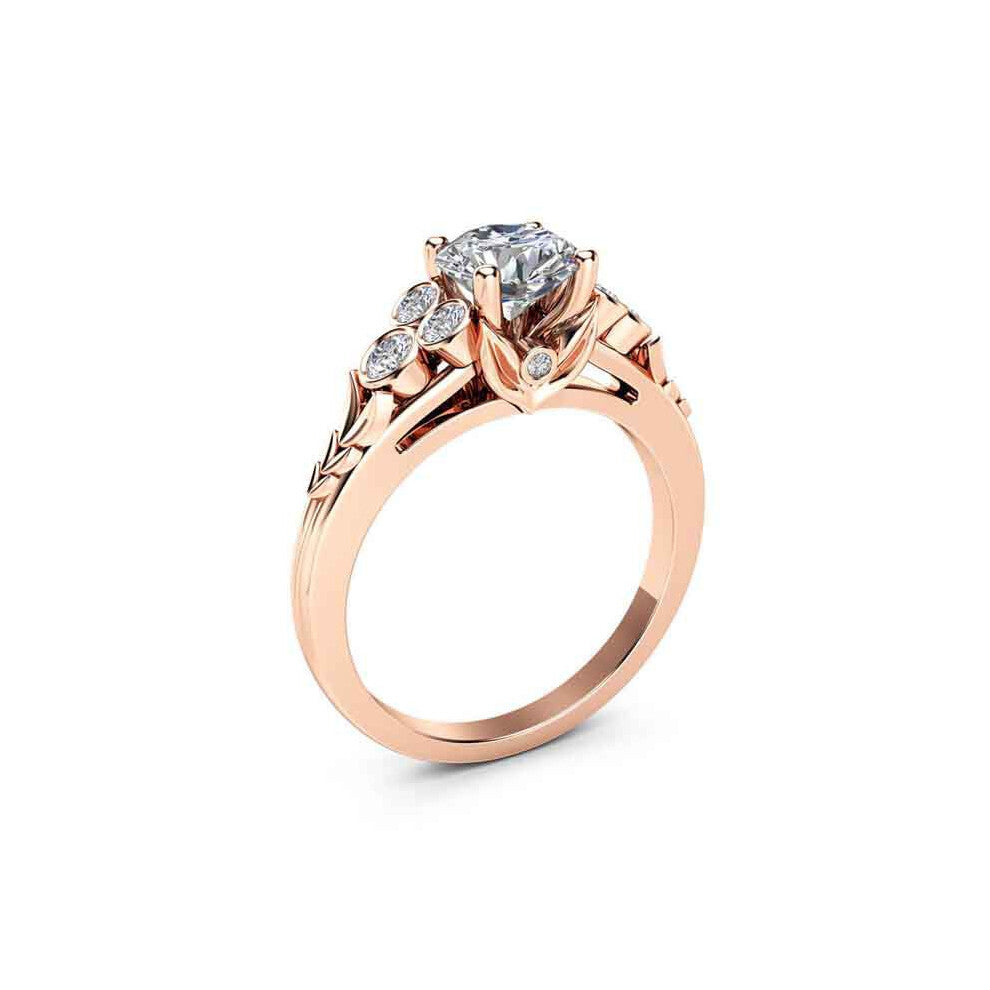 (Rose Gold, 6) Rose Luxury Wedding Gold Plated Ring Round White Topaz Engagement Jewelry Ring