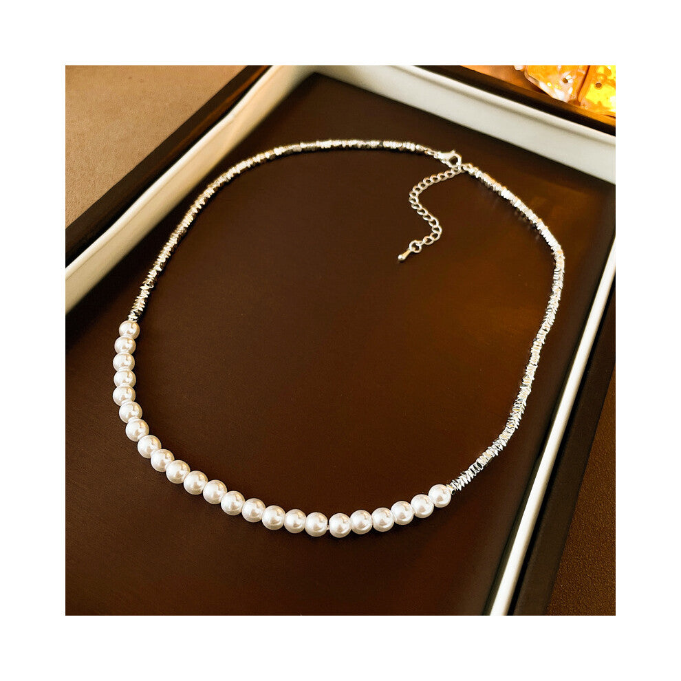 (Silver - Broken silver Baroque pearl necklace.) Irregular pearl necklace, light luxury and high-end, niche fashion neckband, collarbone chain, simple