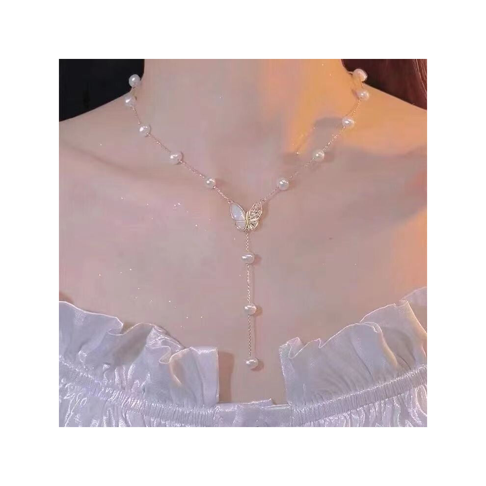 (Butterfly Pearl Necklace 60) High-end pearl necklace pendant for women, no fading, ins, niche, light luxury, versatile, elegant collarbone chain
