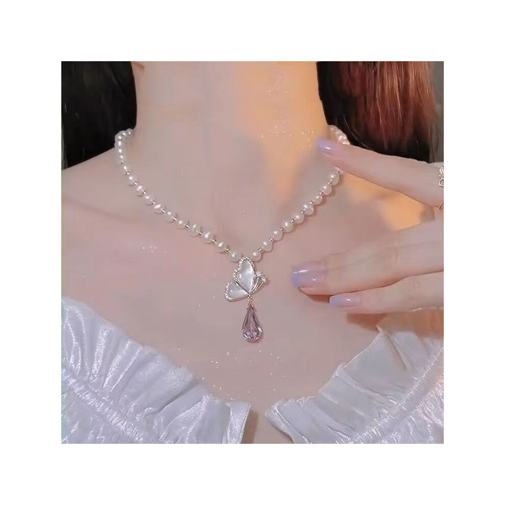 (Purple Butterfly Pearl Necklace 77) High-end pearl necklace pendant for women, no fading, ins, niche, light luxury, versatile, elegant collarbone cha