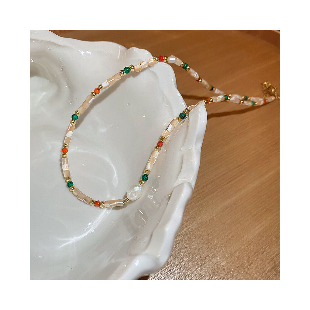 (Mother-of-pearl rice bead pearl crystal natural stone necklace) Titanium steel natural stone pearl sun necklace, retro ethnic style, niche collarbone