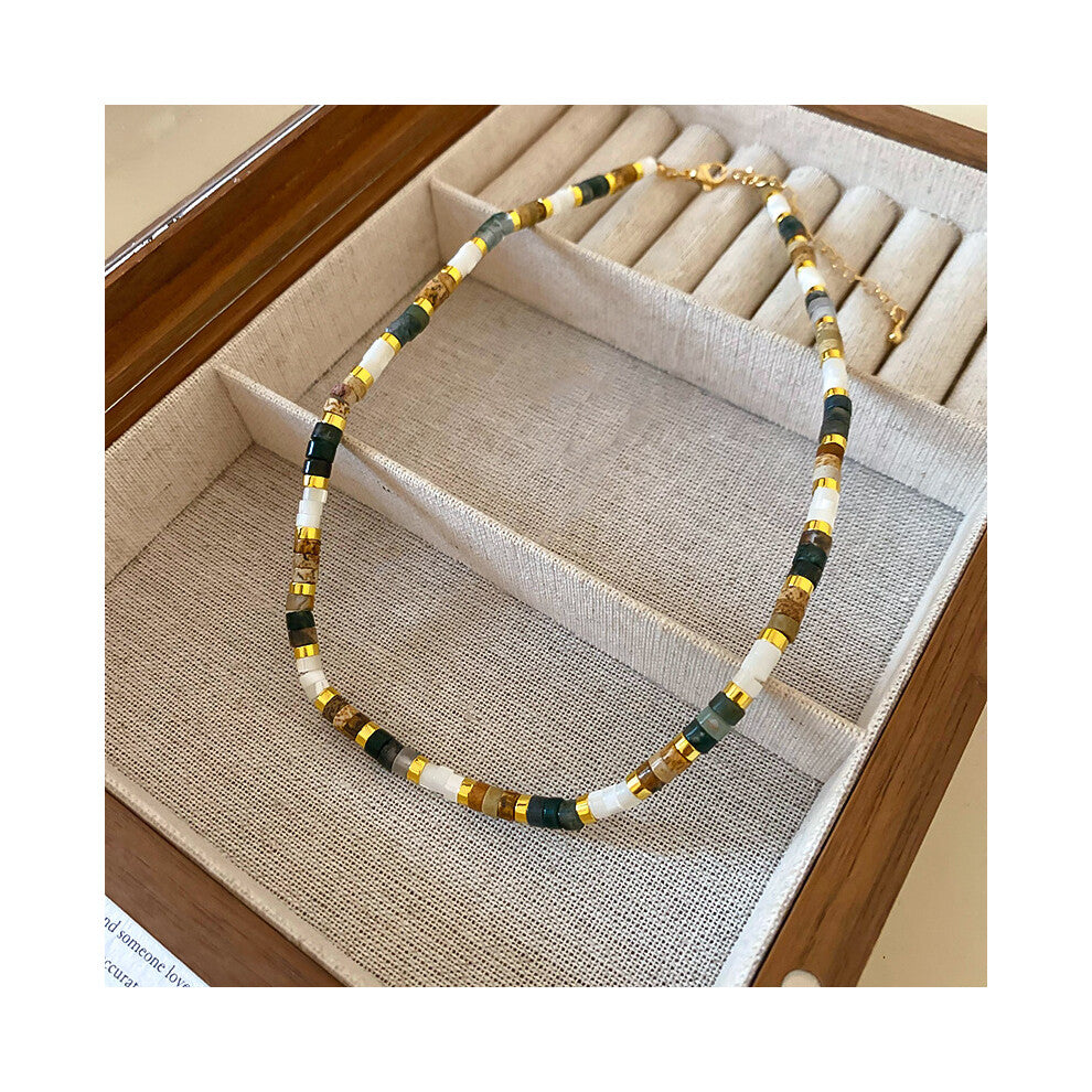 (Retro natural stone round necklace) Titanium steel natural stone pearl sun necklace, retro ethnic style, niche collarbone chain, light luxury, high-e