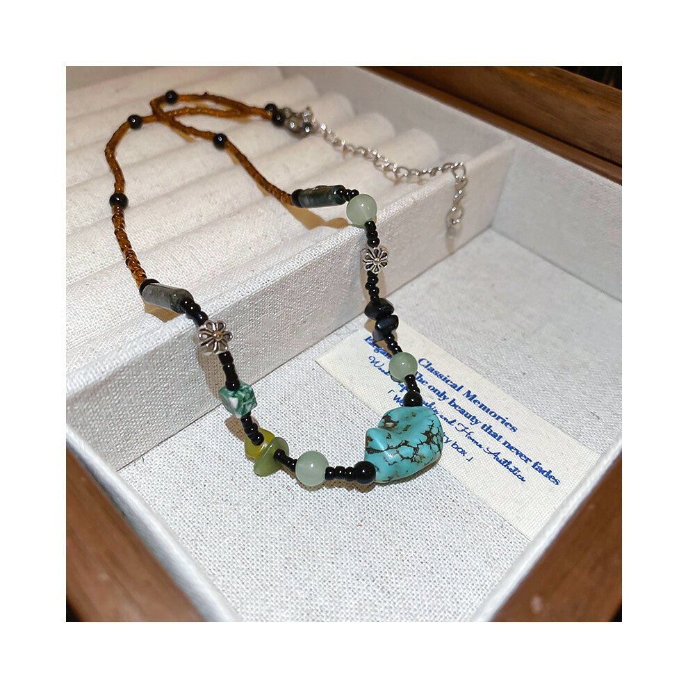 (Flower natural stone rice bead necklace) Titanium steel natural stone pearl sun necklace, retro ethnic style, niche collarbone chain, light luxury, h