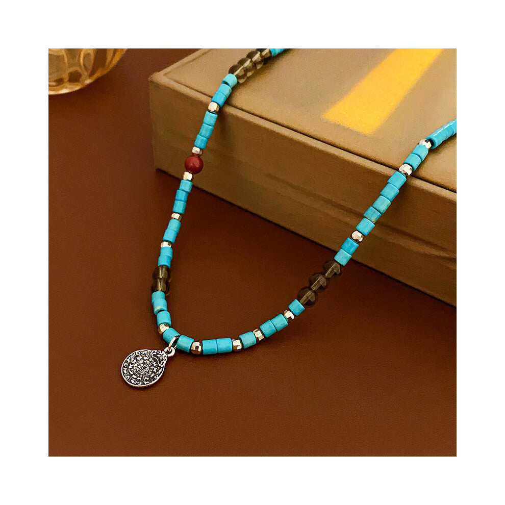 (Ethnic-style rice bead necklace) Titanium steel natural stone pearl sun necklace, retro ethnic style, niche collarbone chain, light luxury, high-end