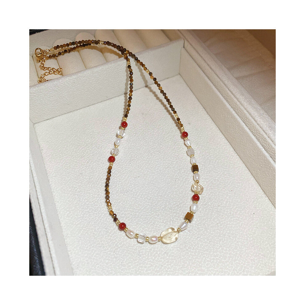 (Titanium steel freshwater pearl tiger's eye necklace) Titanium steel natural stone pearl sun necklace, retro ethnic style, niche collarbone chain, li