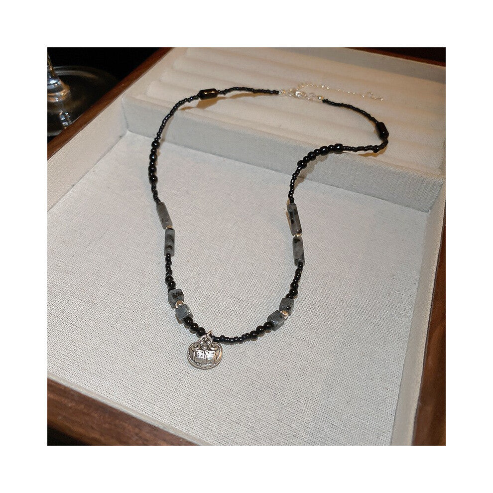 (Natural Dianthus Festival round bead peace lock necklace) Titanium steel natural stone pearl sun necklace, retro ethnic style, niche collarbone chain