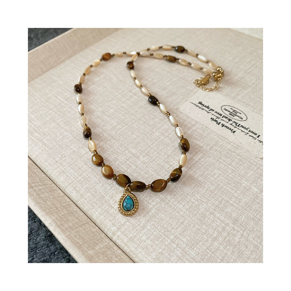 (Oval-shaped tiger's eye water drop pendant necklace) Titanium steel natural stone pearl sun necklace, retro ethnic style, niche collarbone chain, lig