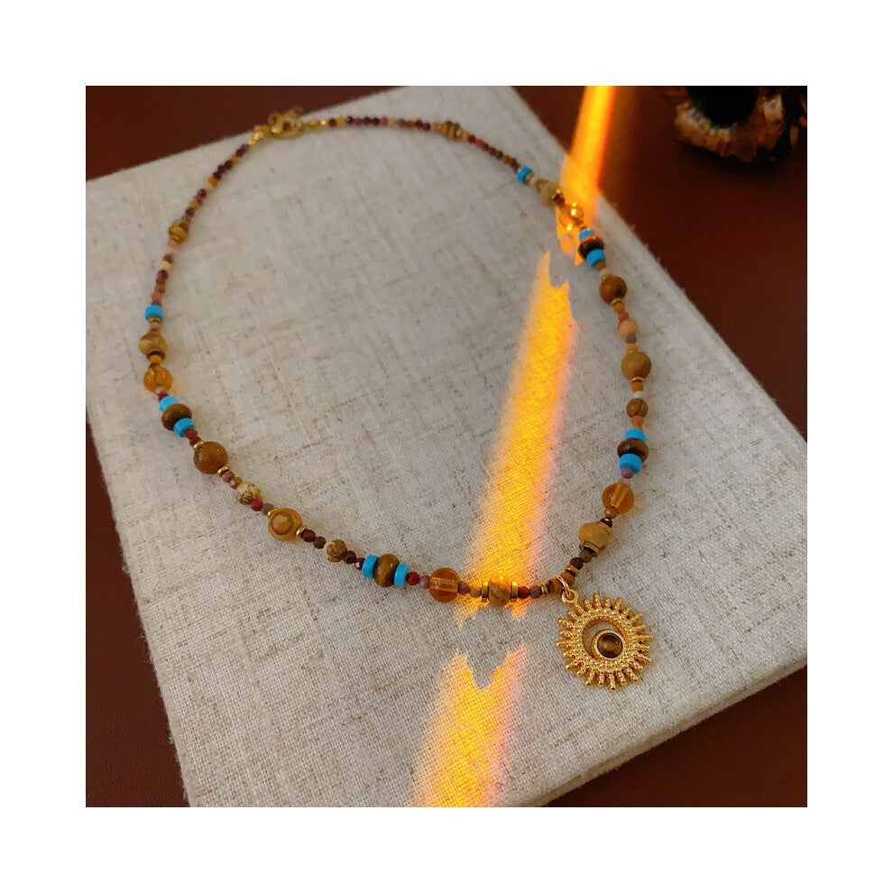 (Necklace - Gold) Titanium steel natural stone pearl sun necklace, retro ethnic style, niche collarbone chain, light luxury, high-end and fashionable