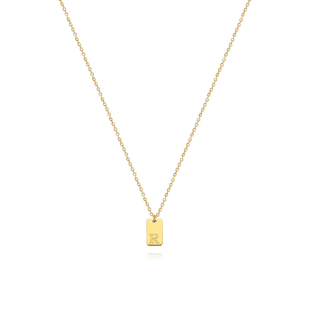 (Gold R) English initial letter necklace, unique design sense, square tag pendant, women's collarbone chain