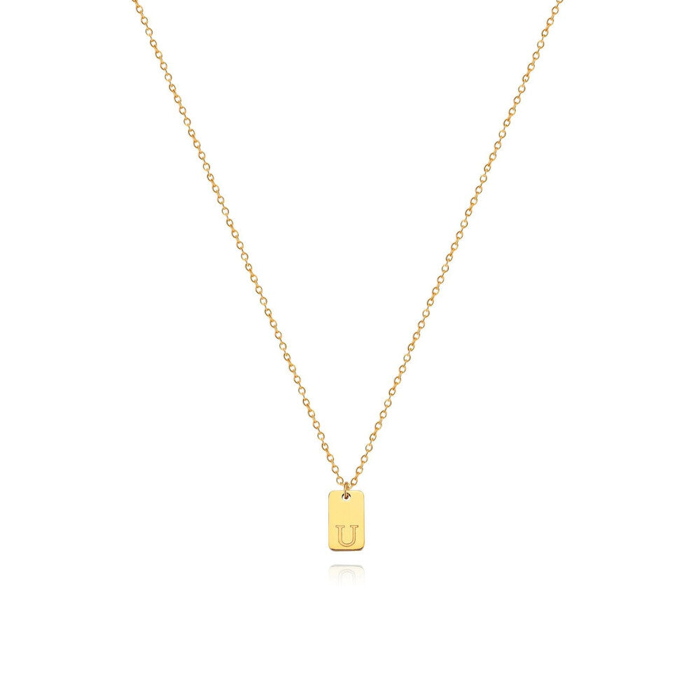 (Gold U) English initial letter necklace, unique design sense, square tag pendant, women's collarbone chain