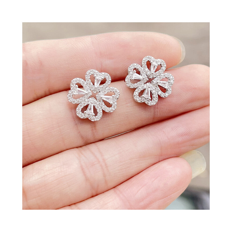 (White and gold heart-shaped stud earrings-pair) Two-worn heart-to-heart opening and closing four-leaf clover necklace for women, fashionable heart-sh