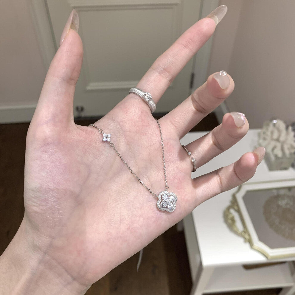 (White gold) Four-leaf clover zircon necklace collarbone chain, birthday gift, for wife, girlfriend and mother