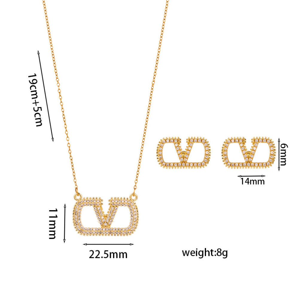 (8867 Golden V Set) V letter necklace, versatile for women, high-end, light luxury, niche, full of diamonds, CD, pig nose, collarbone chain