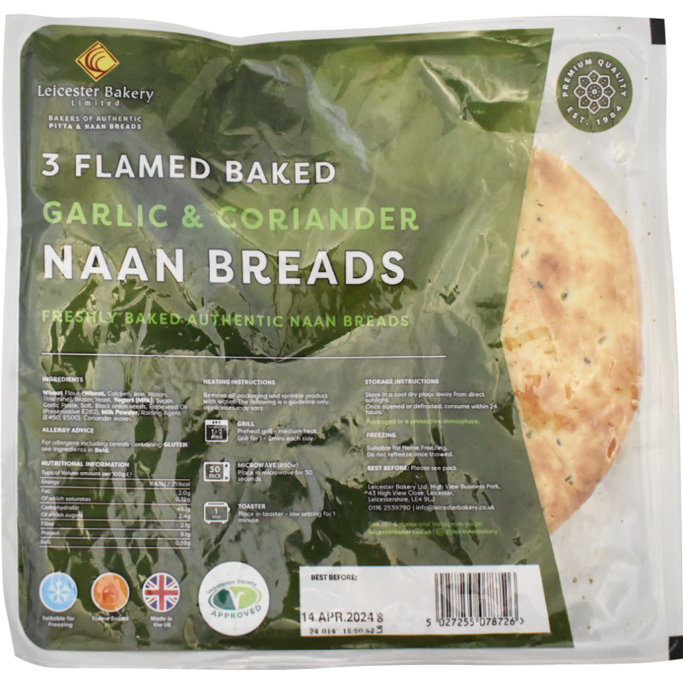 Leicester Bakery 3 Flame Baked Garlic & Coriander Naan Breads