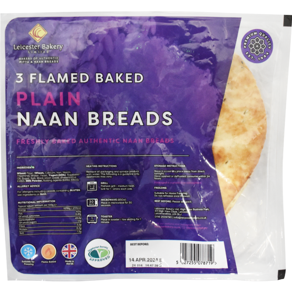 Leicester Bakery 3 Flamed Baked Plain Naan Breads