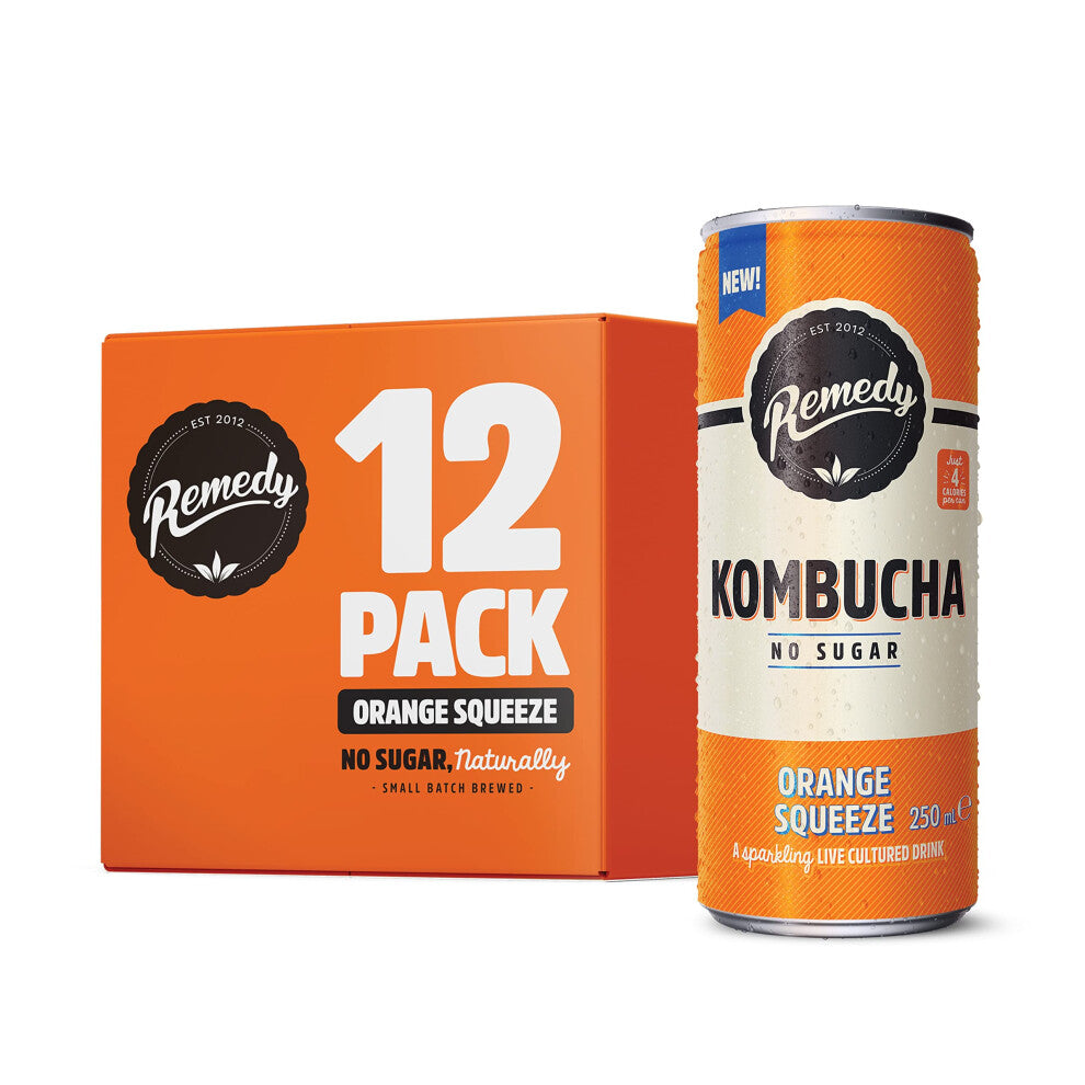 Remedy Kombucha Tea - Orange Squeeze - Sparkling Live Cultured, Naturally Sugar Free Soft Drink - Probiotic for Gut Health - 12 x 250ml