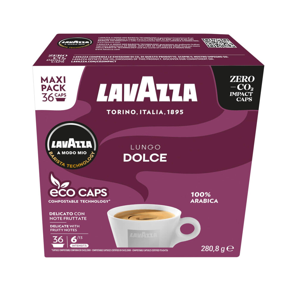 Lavazza A Modo Mio Lungo Dolce, 36 Coffee Capsules, with Aromatic Notes of Dried Fruits, for a Sweet Espresso, 100% Arabica, Intensity 6-13, Medium