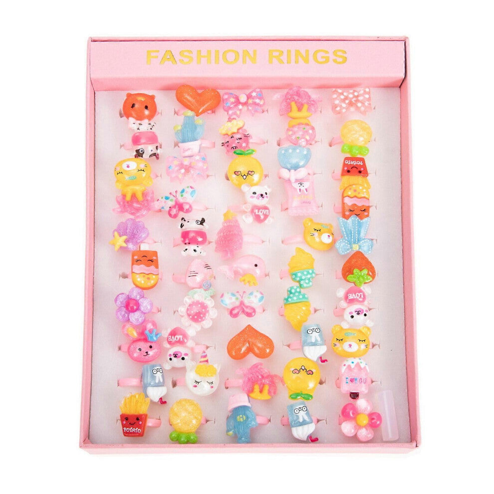 (As show, One size) 50pcs Cartoon Rings Lovely Kids Rings Resin Finer Rings Creative Ring Toys