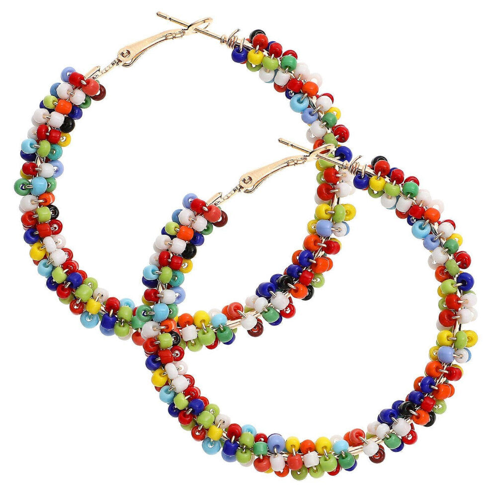 (As show, One size) 1 Pair of Woman&#39;s Bohemian Ear Hoops Trendy Beaded Earrings Exaggerated Eardrops