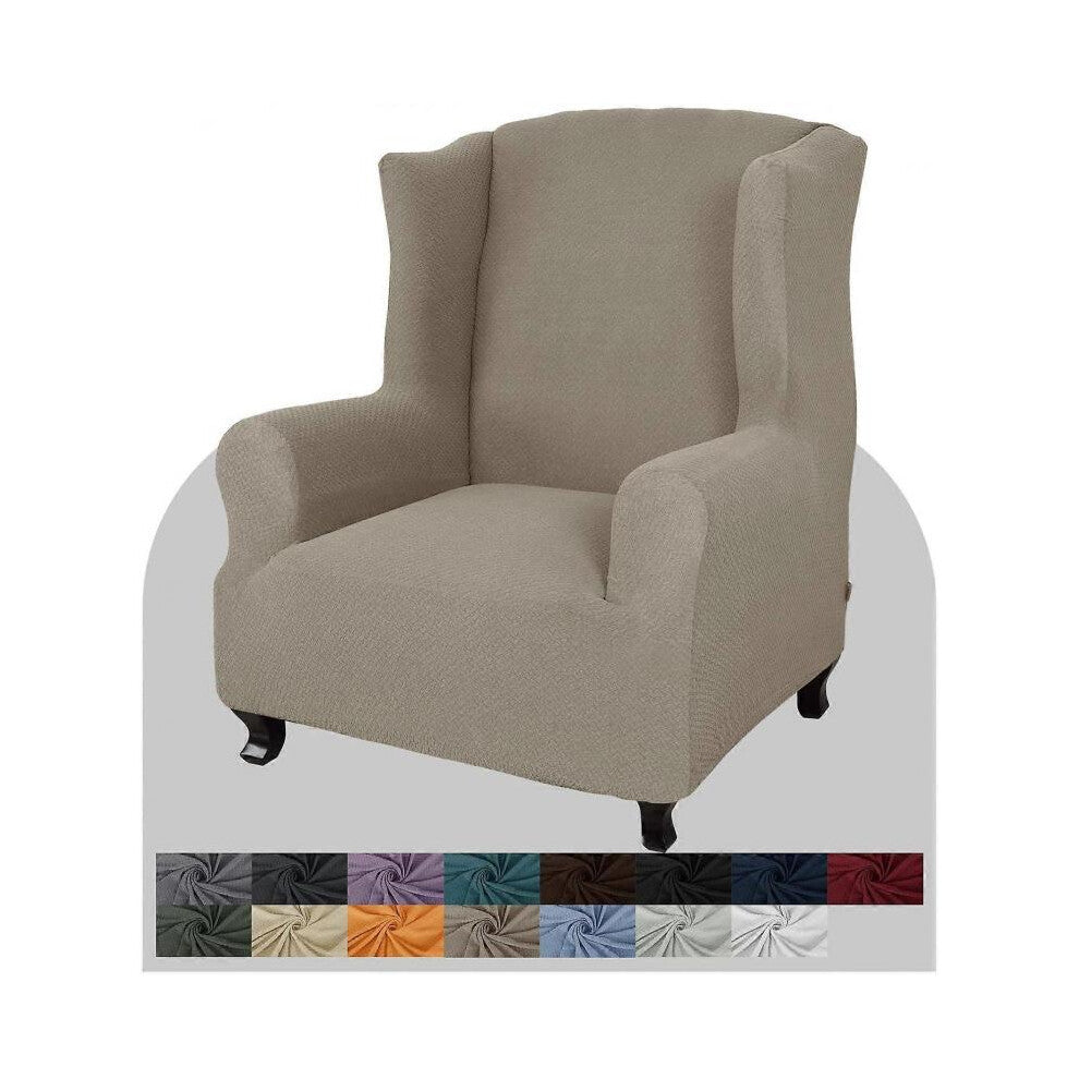 (Khaki) Chair Cover 1 Piece Soft Spandex Jacquard Wing Chair Cover Living Room Sofa Cover for Wingback Chair with Foam Bar (Dark Brown)