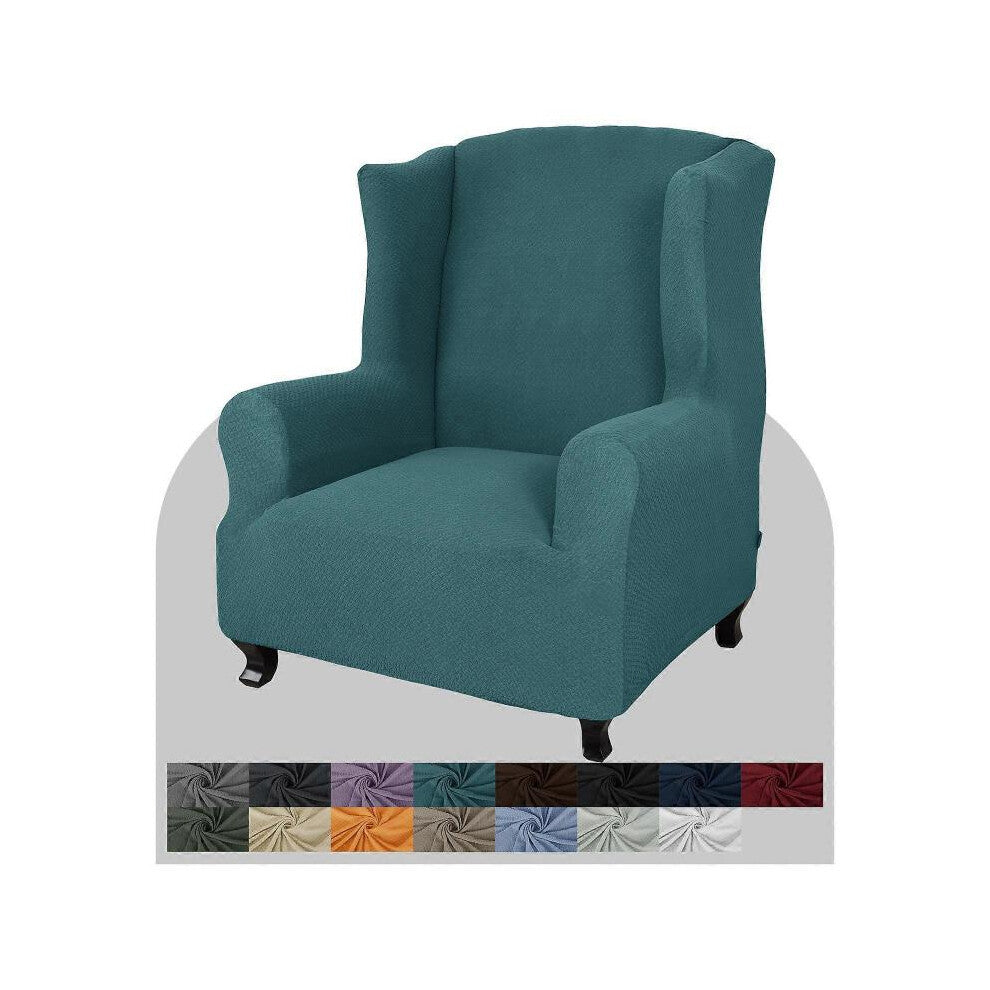 (peacock blue) Chair Cover 1 Piece Soft Spandex Jacquard Wing Chair Cover Living Room Sofa Cover for Wingback Chair with Foam Bar (Dark Brown)