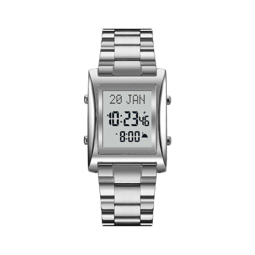 (Please refer to the instruction manual for use, silver) SKMEI 1815 Muslim Digital Watch for Prayer Qibla Compass Hijri Calendar Quran Bookmark City