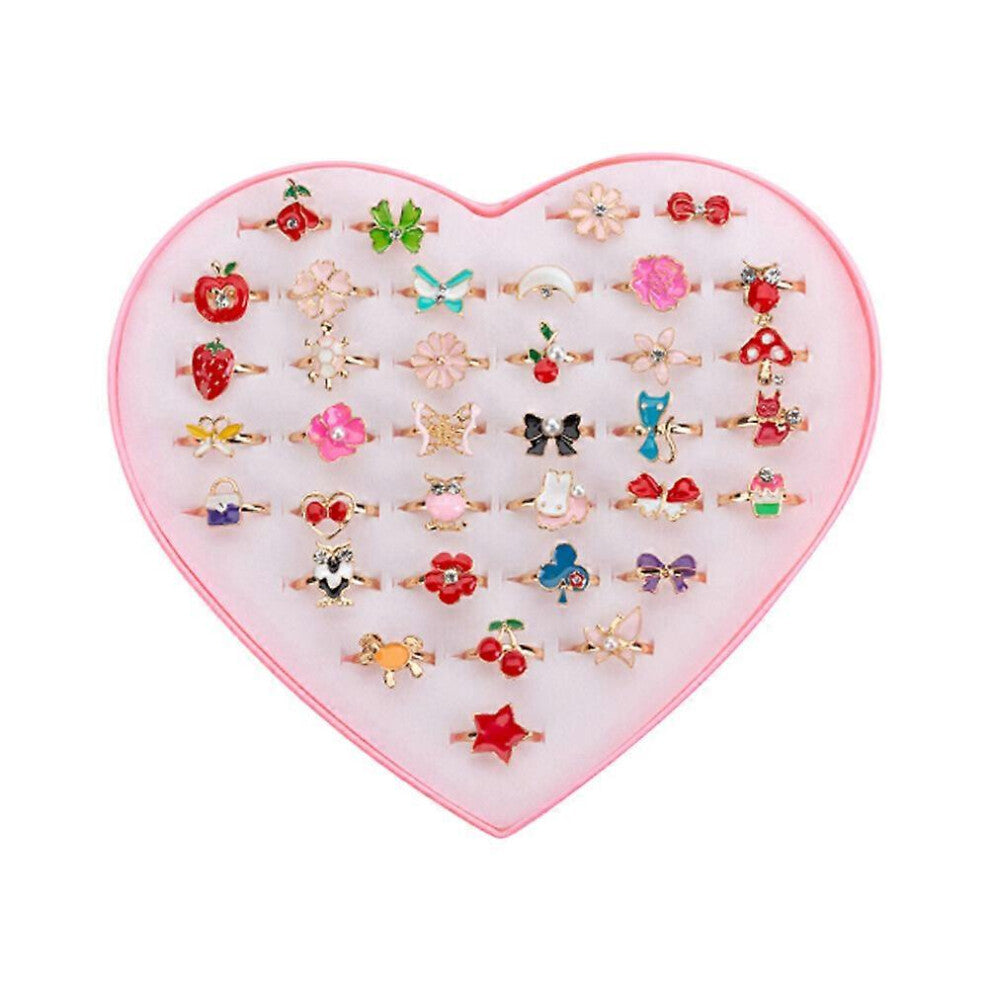 (As show, One size) 36Pcs Cartoon Kids Rings Finger Ring Girls Jewelry Toys Party Supplies for Kids Girls Mixed Style and Colors Pink
