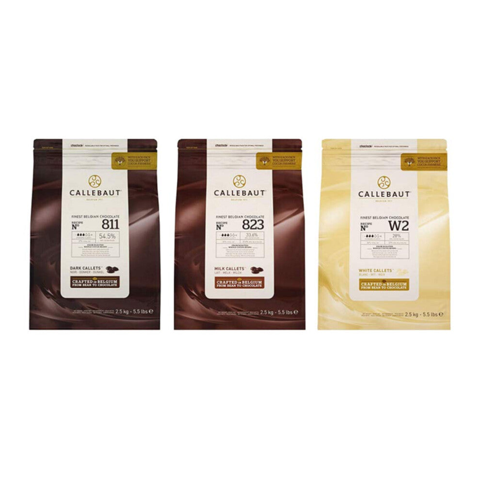 Callebaut, Dark, Milk & White chocolate chips (3 x 2.5kg Bundle)