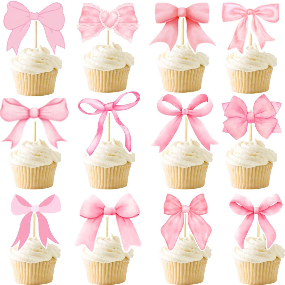 24PCS Coquette Bow Cupcake Toppers  Pink Bow Coquette Birthday Cake Decorations for Bachelorette Bridal Engagement Wedding Girl Baby Shower Bow Theme
