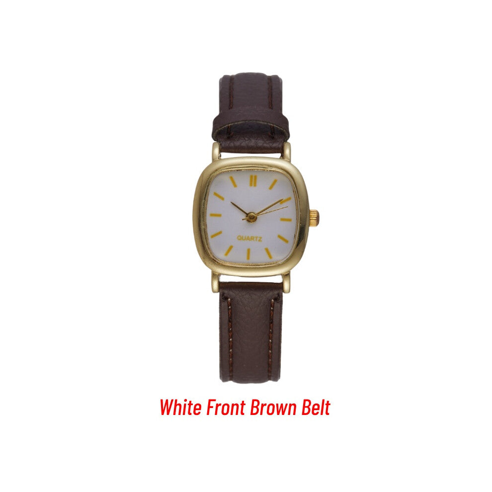 (White Front Brown Belt) Quartz Square Minimalist Watch Women Petite Wrist Retro Strap Leather Synthetic
