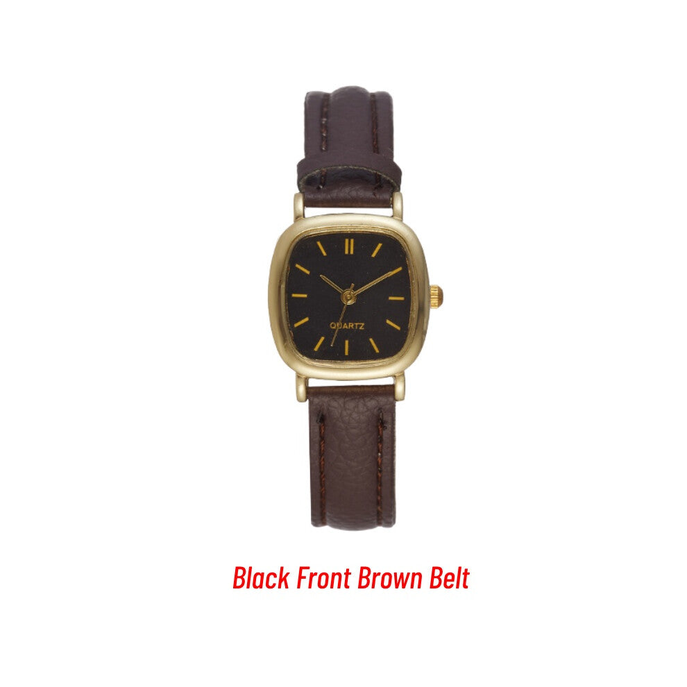 (Black Front Brown Belt) Square Minimalist Quartz Watch Women Petite Wrist Retro Strap Leather Synthetic