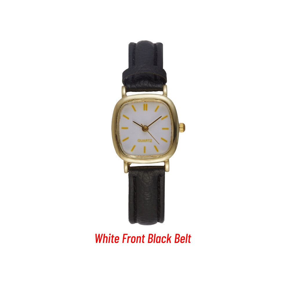 (White Front Black Belt) Minimalist Square Quartz Watch Women Petite Wrist Retro Strap Synthetic Leather