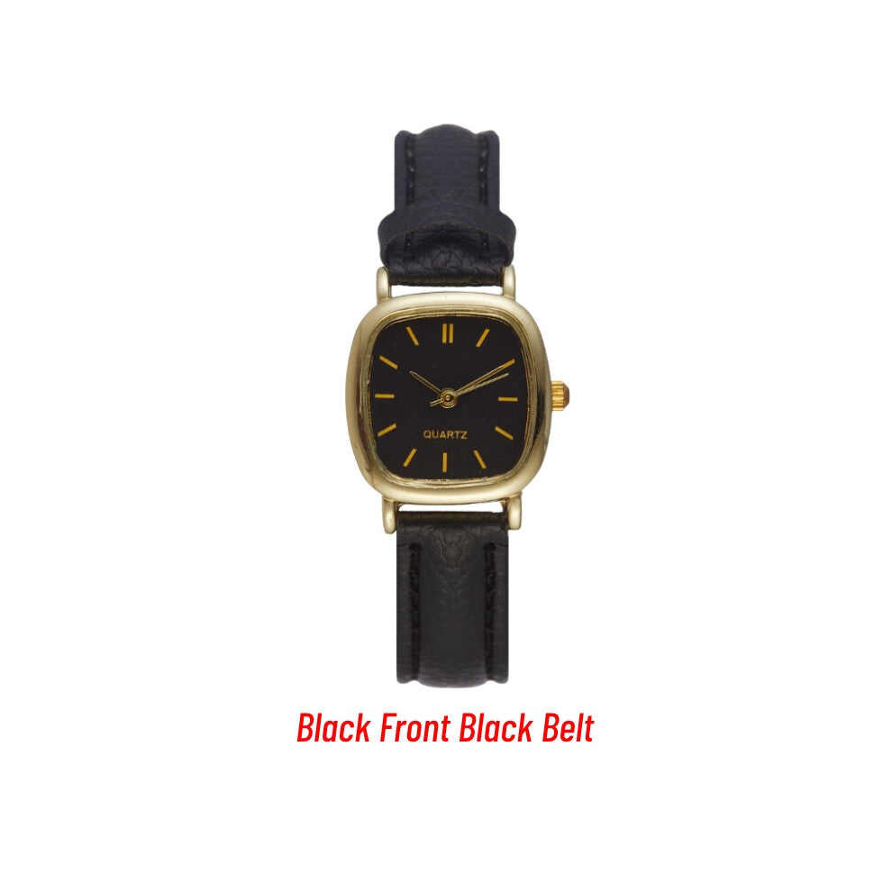 (Black Front Black Belt) Minimalist Square Quartz Watch Women Petite Wrist Retro Strap Synthetic Leather