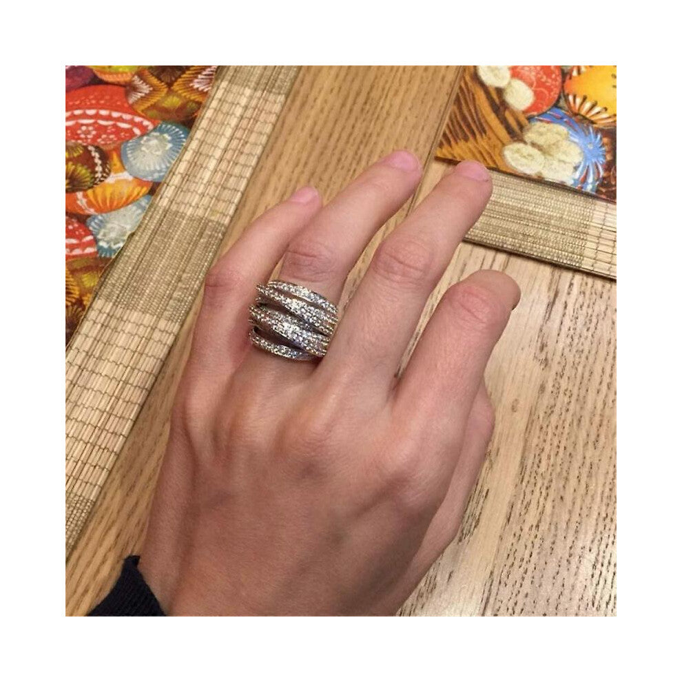 Half-full brilliant diamond ring in cubic zirconia, engagement and wedding ring for women, elegant multi-layered design