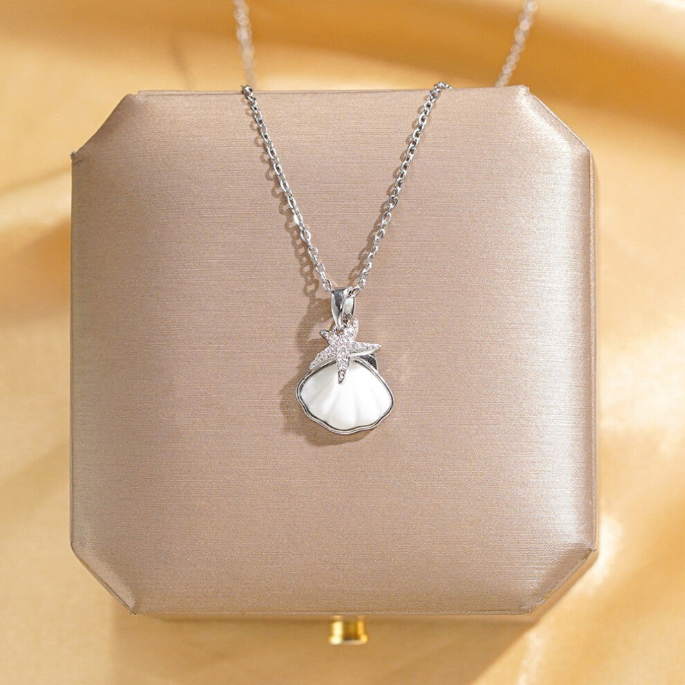 (X492 Silver - Shell Starfish) A light luxury design silver titanium steel necklace, versatile collarbone chain and high-end neck chain