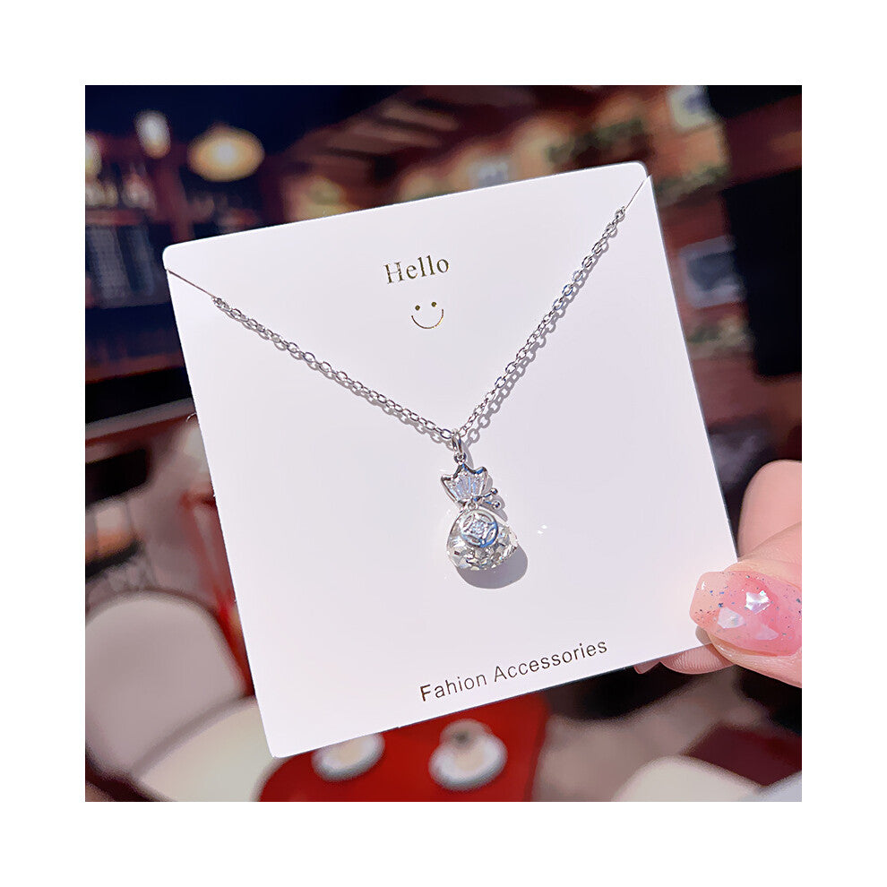 (X495 silver - Crystal money bag) A light luxury design silver titanium steel necklace, versatile collarbone chain and high-end neck chain